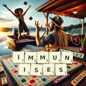Creative illustration for a Scrabble game with the word IMMUNISES spelled out in tiles on the board.