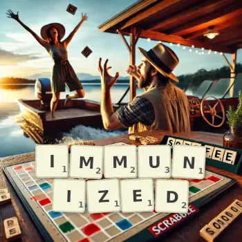 Creative illustration for a Scrabble game with the word IMMUNIZED spelled out in tiles on the board.