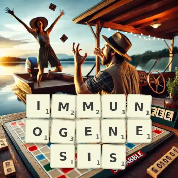 Creative illustration for a Scrabble game with the word IMMUNOGENESIS spelled out in tiles on the board.