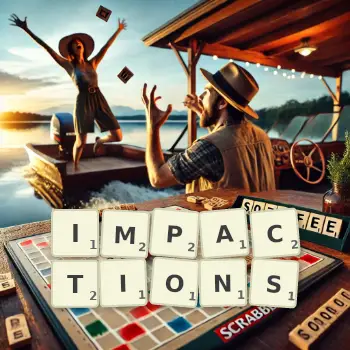 Creative illustration for a Scrabble game with the word IMPACTIONS spelled out in tiles on the board.