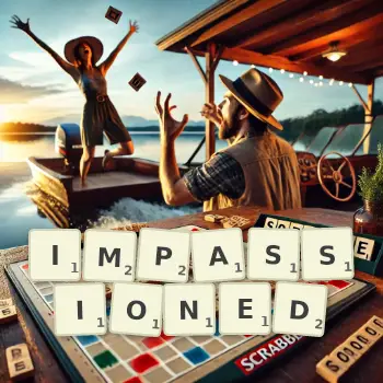Creative illustration for a Scrabble game with the word IMPASSIONED spelled out in tiles on the board.