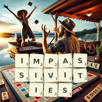Creative illustration for a Scrabble game with the word IMPASSIVITIES spelled out in tiles on the board.