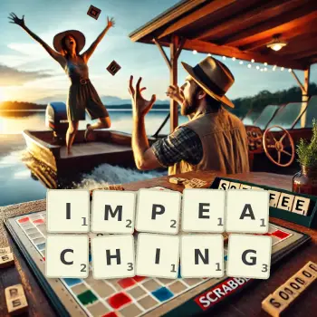 Creative illustration for a Scrabble game with the word IMPEACHING spelled out in tiles on the board.
