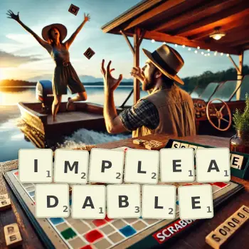 Creative illustration for a Scrabble game with the word IMPLEADABLE spelled out in tiles on the board.