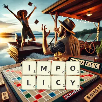 Creative illustration for a Scrabble game with the word IMPOLICY spelled out in tiles on the board.