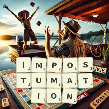 Creative illustration for a Scrabble game with the word IMPOSTUMATION spelled out in tiles on the board.