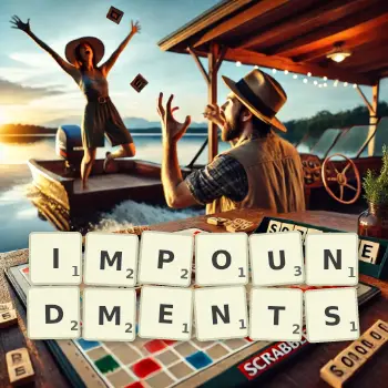 Creative illustration for a Scrabble game with the word IMPOUNDMENTS spelled out in tiles on the board.