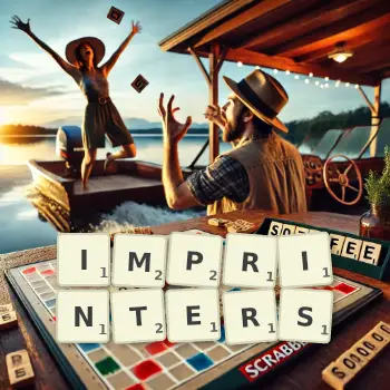 Creative illustration for a Scrabble game with the word IMPRINTERS spelled out in tiles on the board.