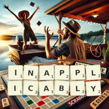 Creative illustration for a Scrabble game with the word INAPPLICABLY spelled out in tiles on the board.