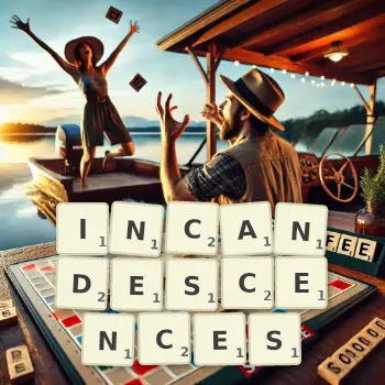 Creative illustration for a Scrabble game with the word INCANDESCENCES spelled out in tiles on the board.