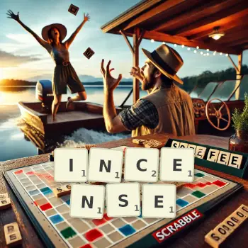 Creative illustration for a Scrabble game with the word INCENSE spelled out in tiles on the board.