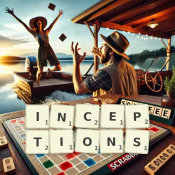 Creative illustration for a Scrabble game with the word INCEPTIONS spelled out in tiles on the board.
