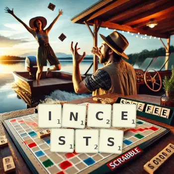 Creative illustration for a Scrabble game with the word INCESTS spelled out in tiles on the board.