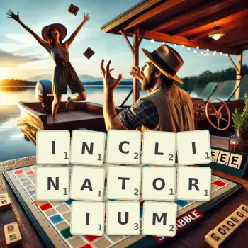 Creative illustration for a Scrabble game with the word INCLINATORIUM spelled out in tiles on the board.