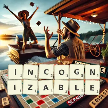 Creative illustration for a Scrabble game with the word INCOGNIZABLE spelled out in tiles on the board.