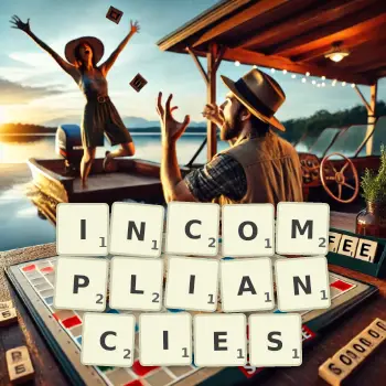 Creative illustration for a Scrabble game with the word INCOMPLIANCIES spelled out in tiles on the board.