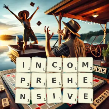 Creative illustration for a Scrabble game with the word INCOMPREHENSIVE spelled out in tiles on the board.