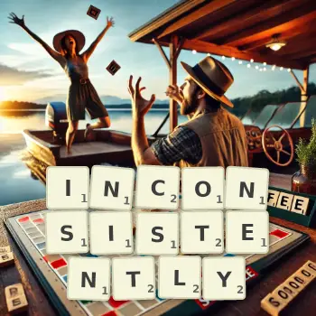 Creative illustration for a Scrabble game with the word INCONSISTENTLY spelled out in tiles on the board.