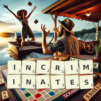 Creative illustration for a Scrabble game with the word INCRIMINATES spelled out in tiles on the board.