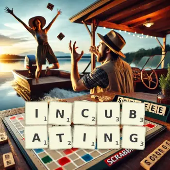 Creative illustration for a Scrabble game with the word INCUBATING spelled out in tiles on the board.