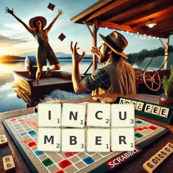 Creative illustration for a Scrabble game with the word INCUMBER spelled out in tiles on the board.