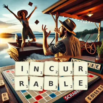 Creative illustration for a Scrabble game with the word INCURRABLE spelled out in tiles on the board.