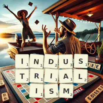 Creative illustration for a Scrabble game with the word INDUSTRIALISM spelled out in tiles on the board.