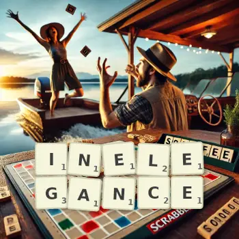 Creative illustration for a Scrabble game with the word INELEGANCE spelled out in tiles on the board.