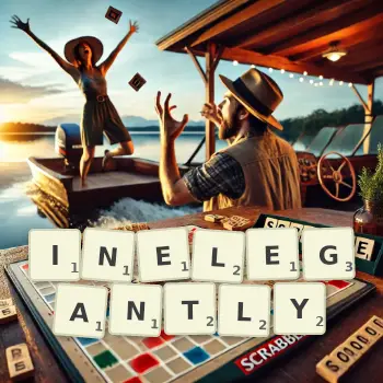 Creative illustration for a Scrabble game with the word INELEGANTLY spelled out in tiles on the board.