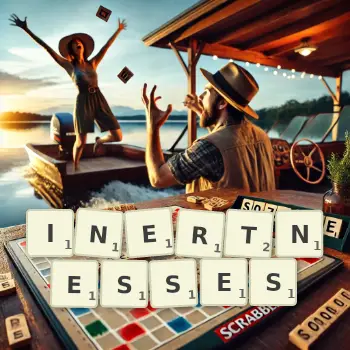 Creative illustration for a Scrabble game with the word INERTNESSES spelled out in tiles on the board.