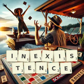 Creative illustration for a Scrabble game with the word INEXISTENCE spelled out in tiles on the board.