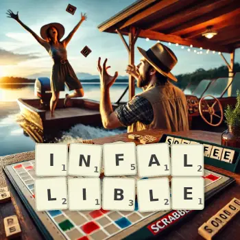 Creative illustration for a Scrabble game with the word INFALLIBLE spelled out in tiles on the board.