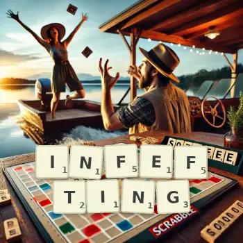 Creative illustration for a Scrabble game with the word INFEFTING spelled out in tiles on the board.