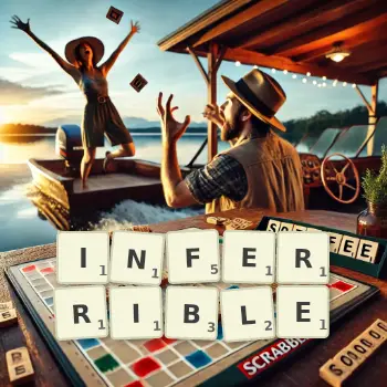 Creative illustration for a Scrabble game with the word INFERRIBLE spelled out in tiles on the board.