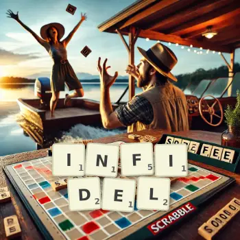 Creative illustration for a Scrabble game with the word INFIDEL spelled out in tiles on the board.