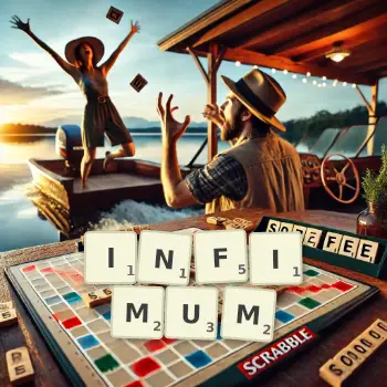 Creative illustration for a Scrabble game with the word INFIMUM spelled out in tiles on the board.