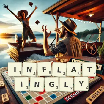 Creative illustration for a Scrabble game with the word INFLATINGLY spelled out in tiles on the board.