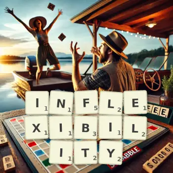 Creative illustration for a Scrabble game with the word INFLEXIBILITY spelled out in tiles on the board.