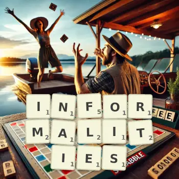 Creative illustration for a Scrabble game with the word INFORMALITIES spelled out in tiles on the board.