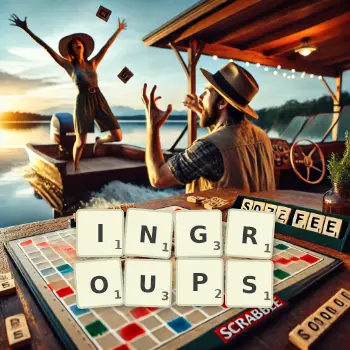 Creative illustration for a Scrabble game with the word INGROUPS spelled out in tiles on the board.
