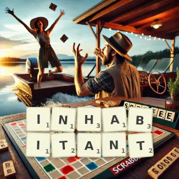 Creative illustration for a Scrabble game with the word INHABITANT spelled out in tiles on the board.