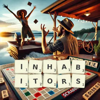 Creative illustration for a Scrabble game with the word INHABITORS spelled out in tiles on the board.