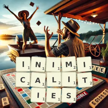 Creative illustration for a Scrabble game with the word INIMICALITIES spelled out in tiles on the board.