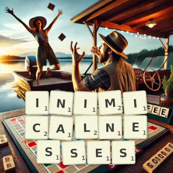Creative illustration for a Scrabble game with the word INIMICALNESSES spelled out in tiles on the board.