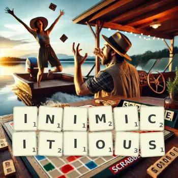 Creative illustration for a Scrabble game with the word INIMICITIOUS spelled out in tiles on the board.