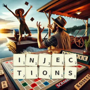 Creative illustration for a Scrabble game with the word INJECTIONS spelled out in tiles on the board.