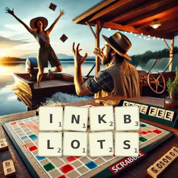Creative illustration for a Scrabble game with the word INKBLOTS spelled out in tiles on the board.