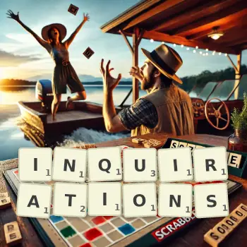 Creative illustration for a Scrabble game with the word INQUIRATIONS spelled out in tiles on the board.