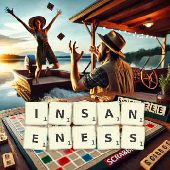 Creative illustration for a Scrabble game with the word INSANENESS spelled out in tiles on the board.