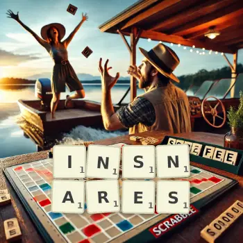 Creative illustration for a Scrabble game with the word INSNARES spelled out in tiles on the board.